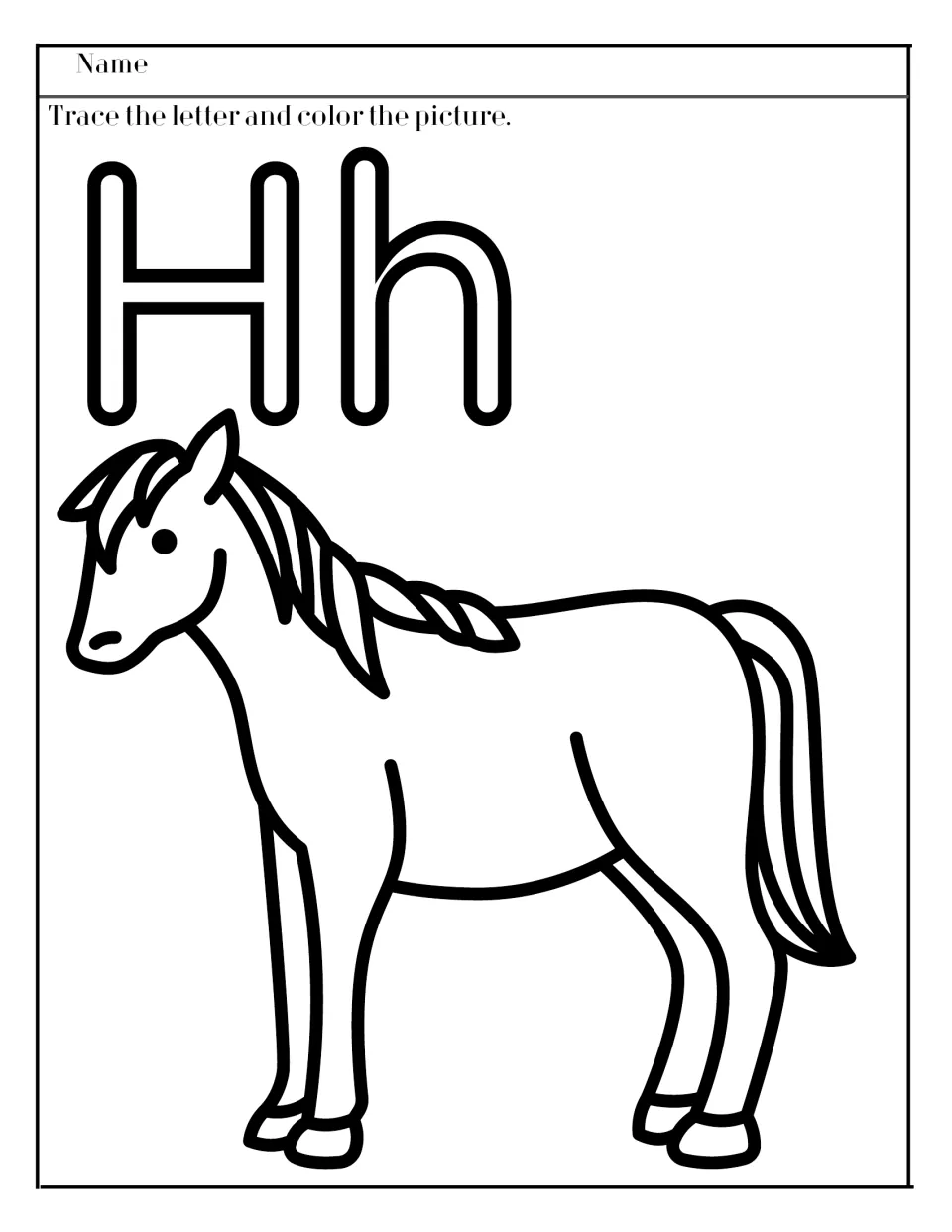 Letter H: students trace outlined uppercase H and lowercase h, then color a standing horse to practise letter formation