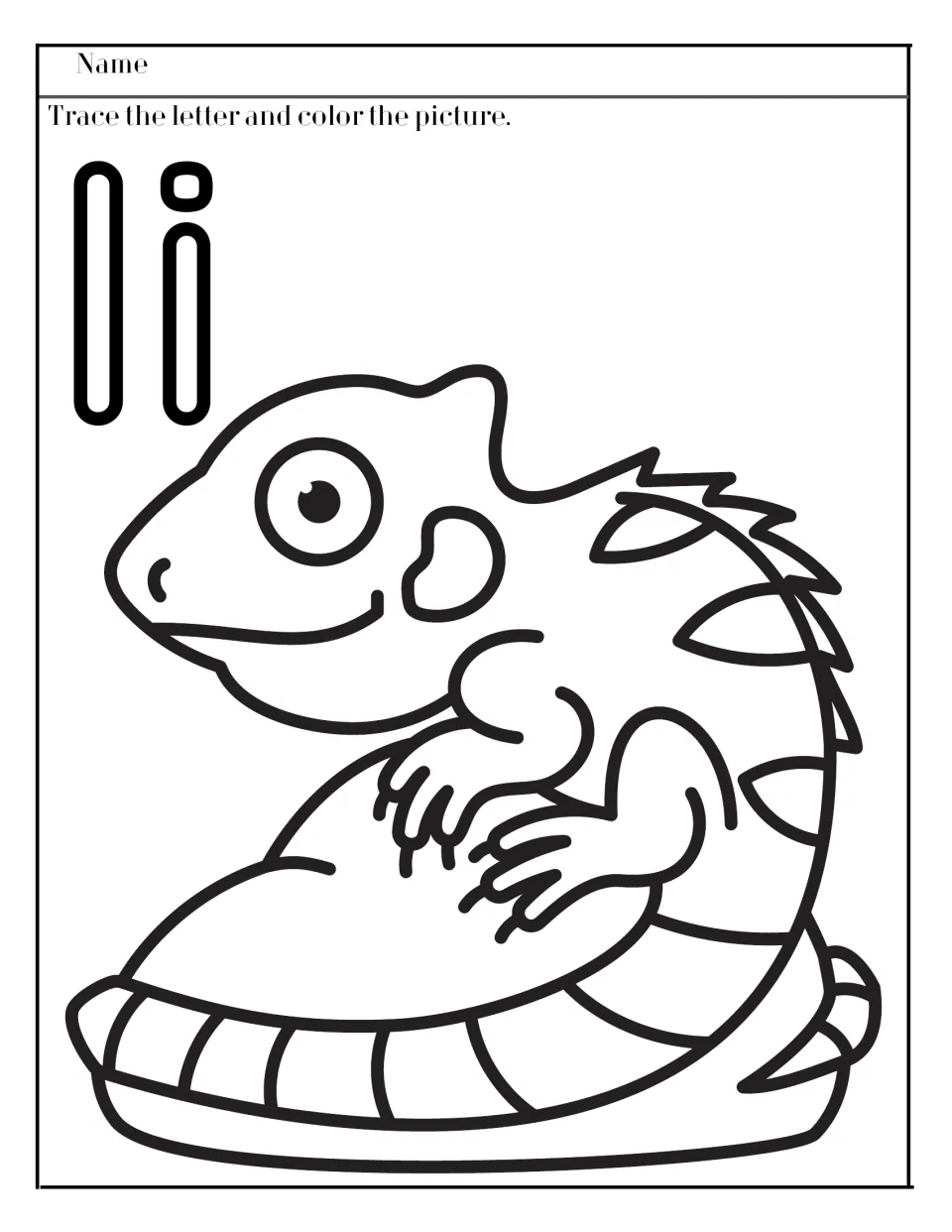 Letter I: students trace outlined uppercase I and lowercase i, then color a spiky-backed iguana for letter formation