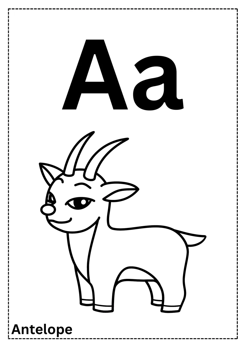 Letter A coloring page: students color a horned antelope outline under a bold uppercase and lowercase Aa, labeled Antelope