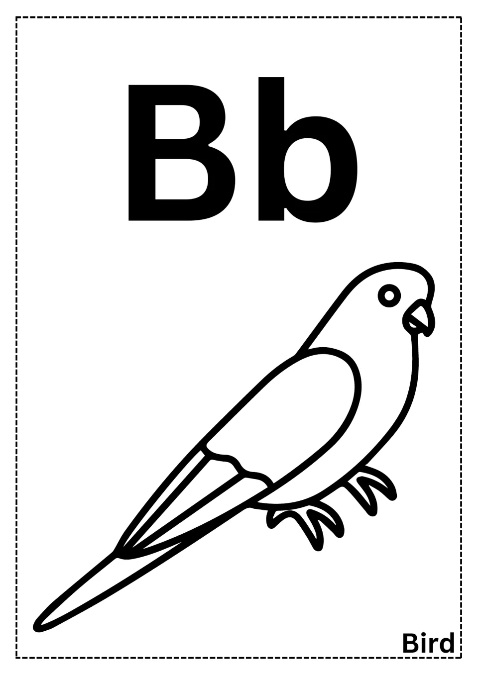 Letter B coloring page: students color a perched bird outline beneath large Bb letters to link the B sound to the word Bird