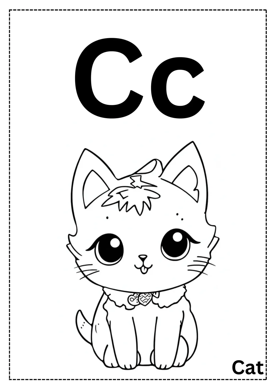 Letter C coloring page: students color a sitting kitten under big Cc letters, labeled Cat, for letter-sound practice