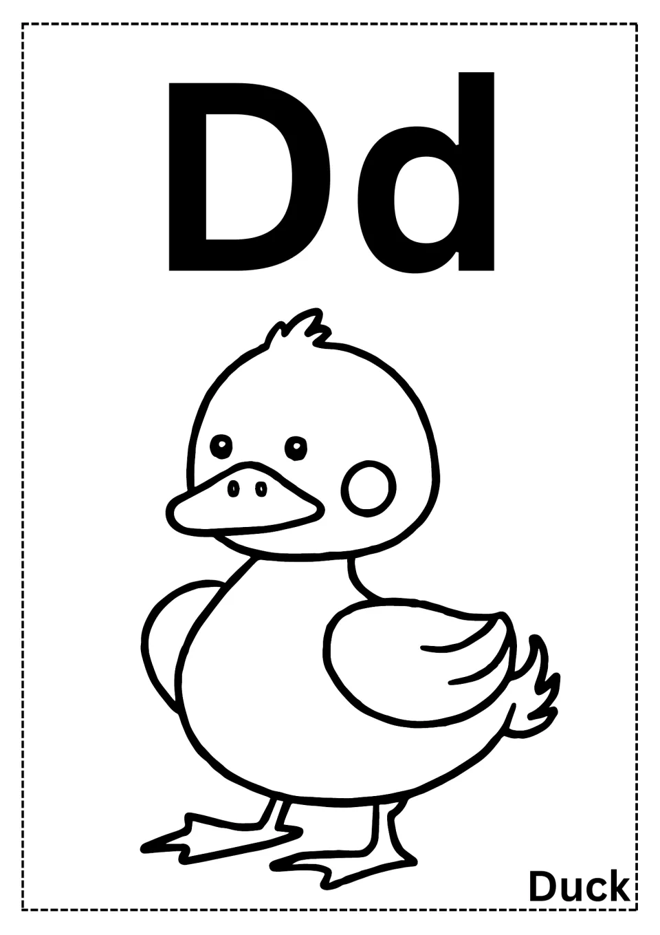 Letter D coloring page: students color a standing duckling outline below uppercase and lowercase Dd, with the word Duck