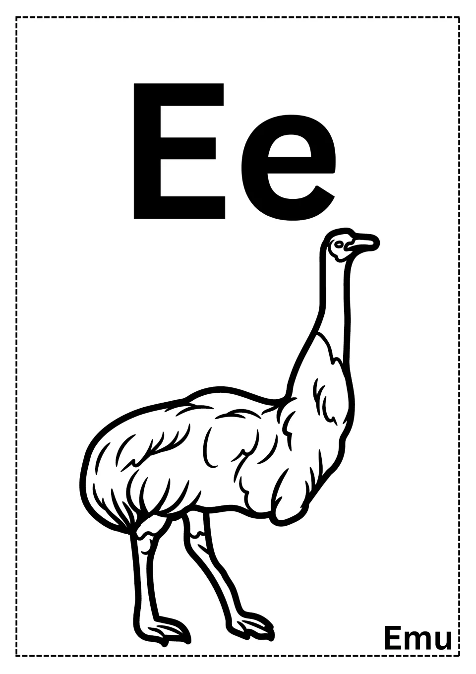Letter E coloring page: students color a long-necked emu under large Ee letters, labeled Emu, to connect sound and word