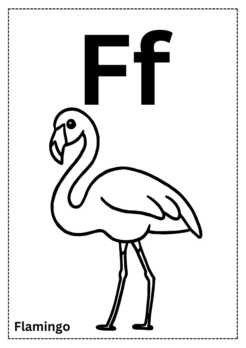 Letter F coloring page: students color a flamingo outline below big Ff letters, labeled Flamingo, for letter recognition