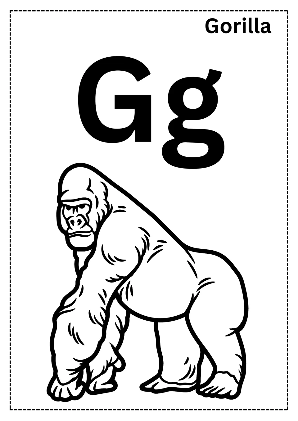 Letter G coloring page: students color a knuckle-walking gorilla under large Gg letters, with the word Gorilla above