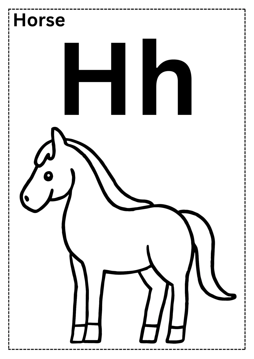 Letter H coloring page: students color a standing horse below uppercase and lowercase Hh, with the word Horse at top left