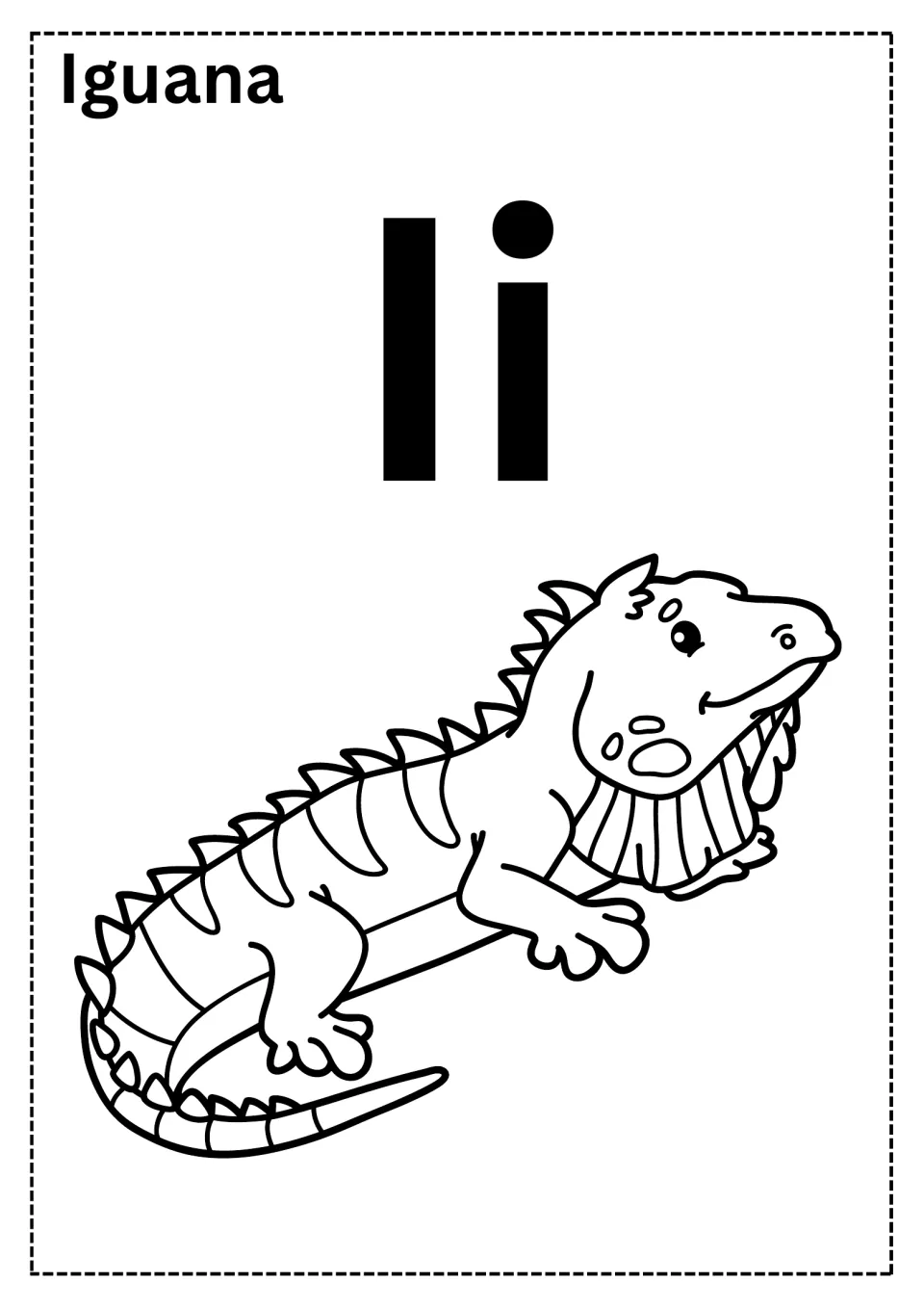 Letter I coloring page: students color a spiky iguana under large Ii letters, labeled Iguana, for initial-sound practice