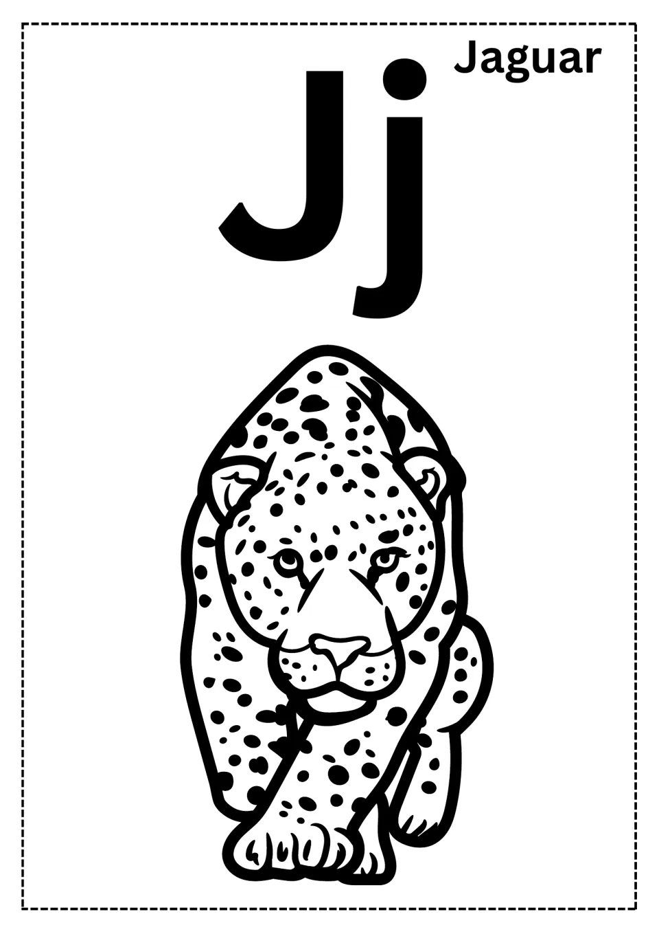 Letter J coloring page: students color a spotted jaguar beneath large Jj letters, with the word Jaguar beside them