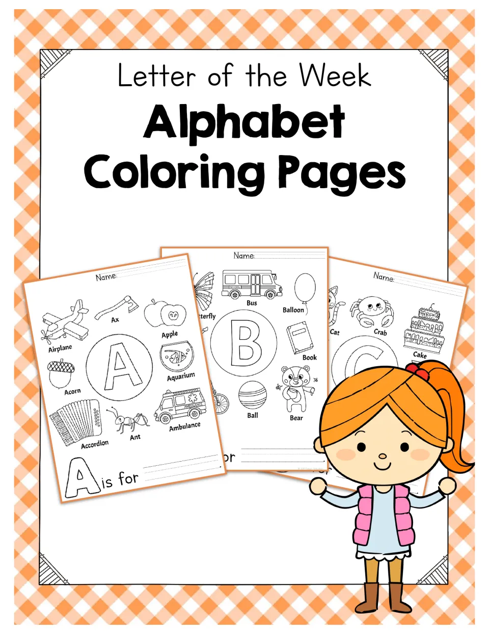 Letter of the Week Alphabet Coloring Pages cover showing sample A, B and C pages of labeled pictures to color