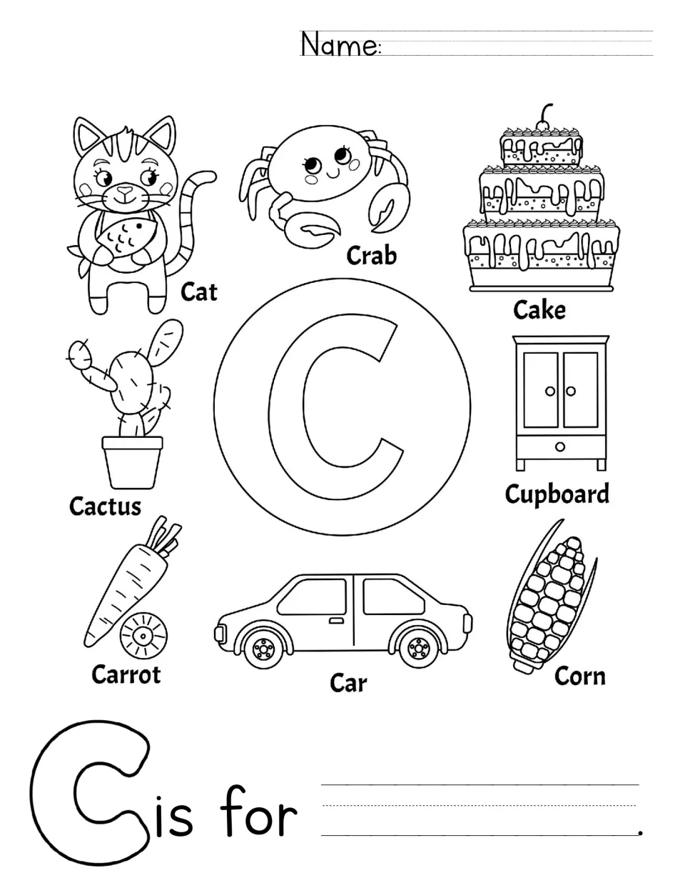 Letter C: students color a big C and pictures of a cat, crab, cake, cactus and corn, then finish 'C is for' with a C word