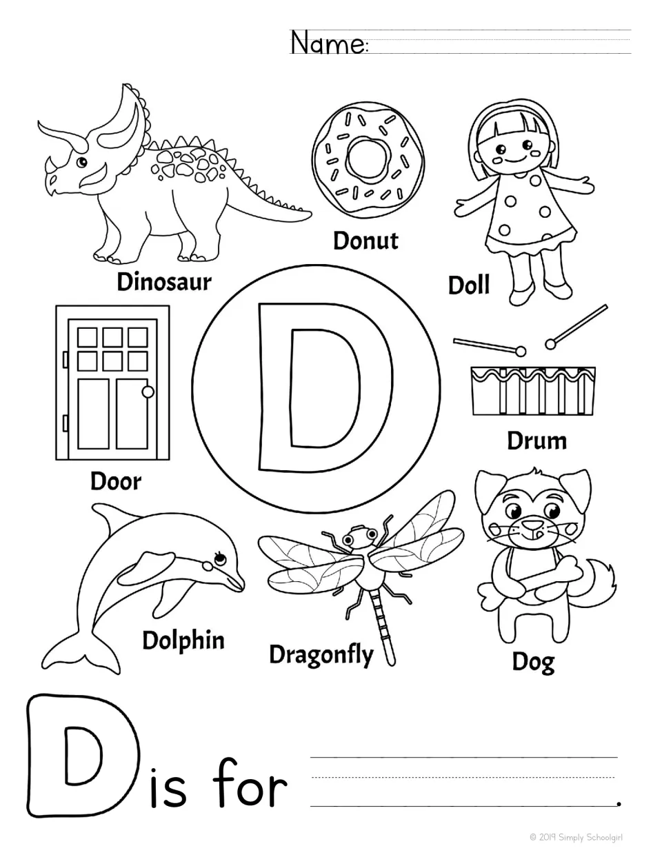 Letter D: students color a big D and pictures of a dinosaur, donut, doll, dolphin and dog, then complete 'D is for'