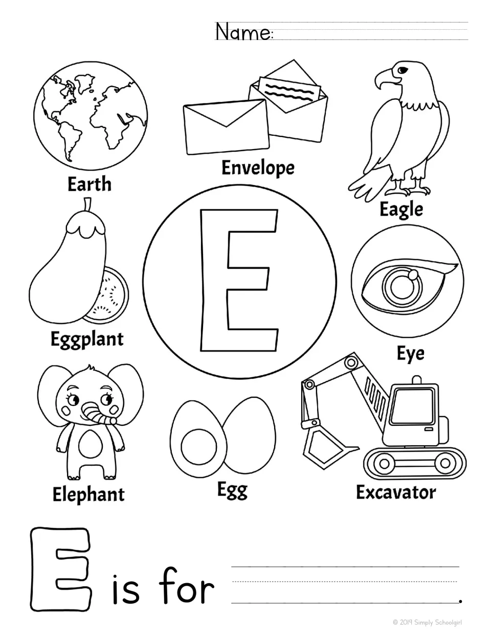 Letter E: students color a big E and pictures of Earth, an envelope, eagle, eggplant and elephant, then finish 'E is for'