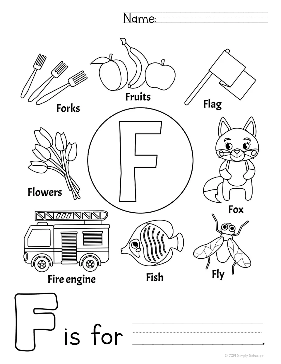 Letter F: students color a big F and pictures of forks, fruits, a flag, fox and fire engine, then complete 'F is for'