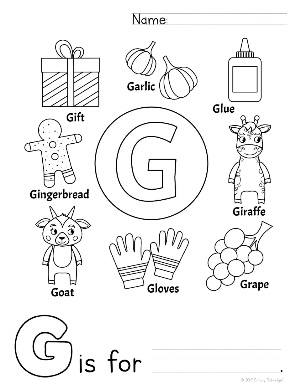 Letter G: students color a big G and pictures of a gift, garlic, glue, giraffe and goat, then write a word after 'G is for'
