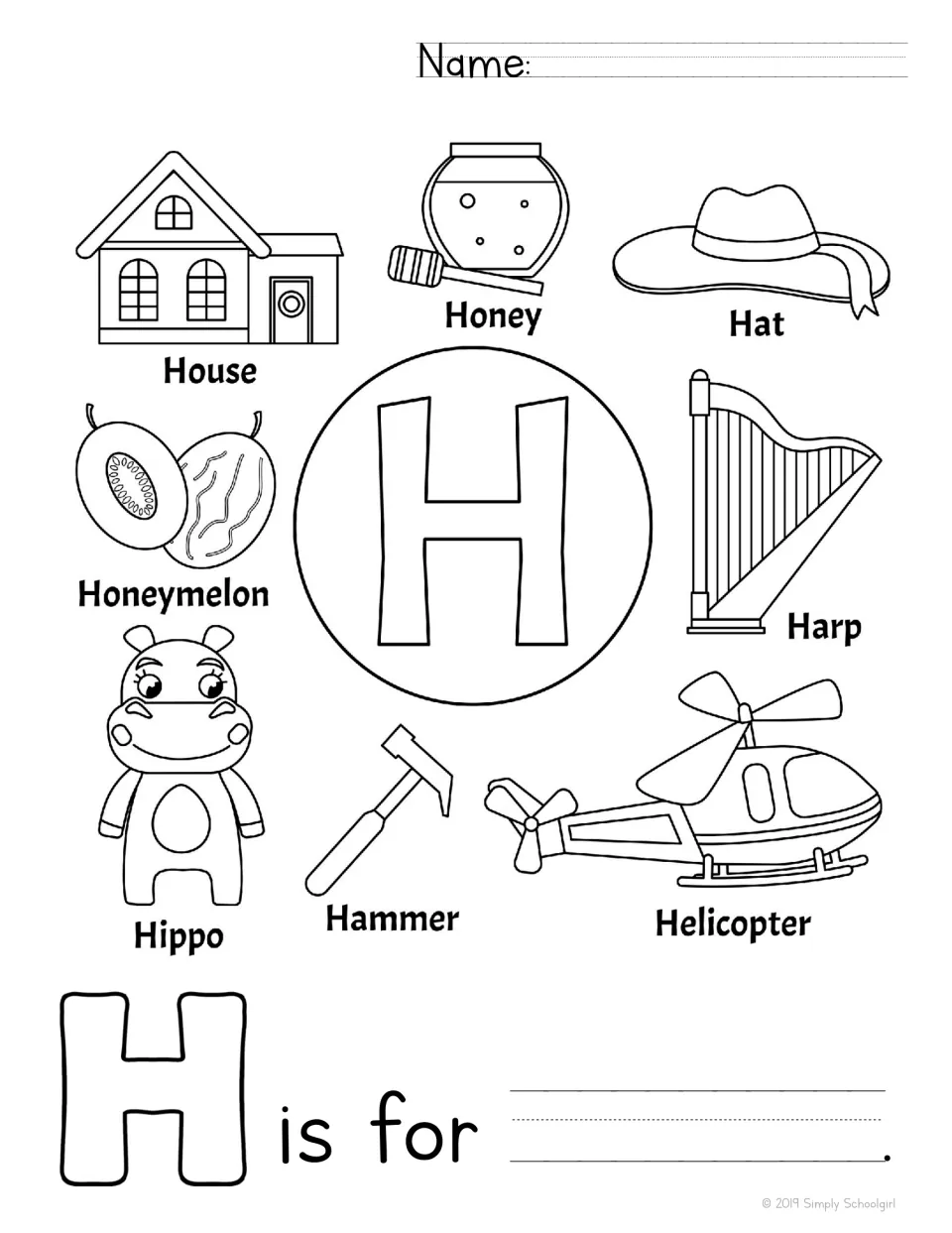 Letter H: students color a big H and pictures of a house, honey, hat, harp and helicopter, then complete 'H is for'