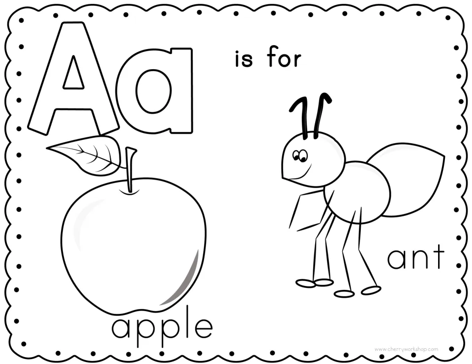 Letter A coloring page: students color outlined Aa letters, an apple and an ant to practise the short a beginning sound
