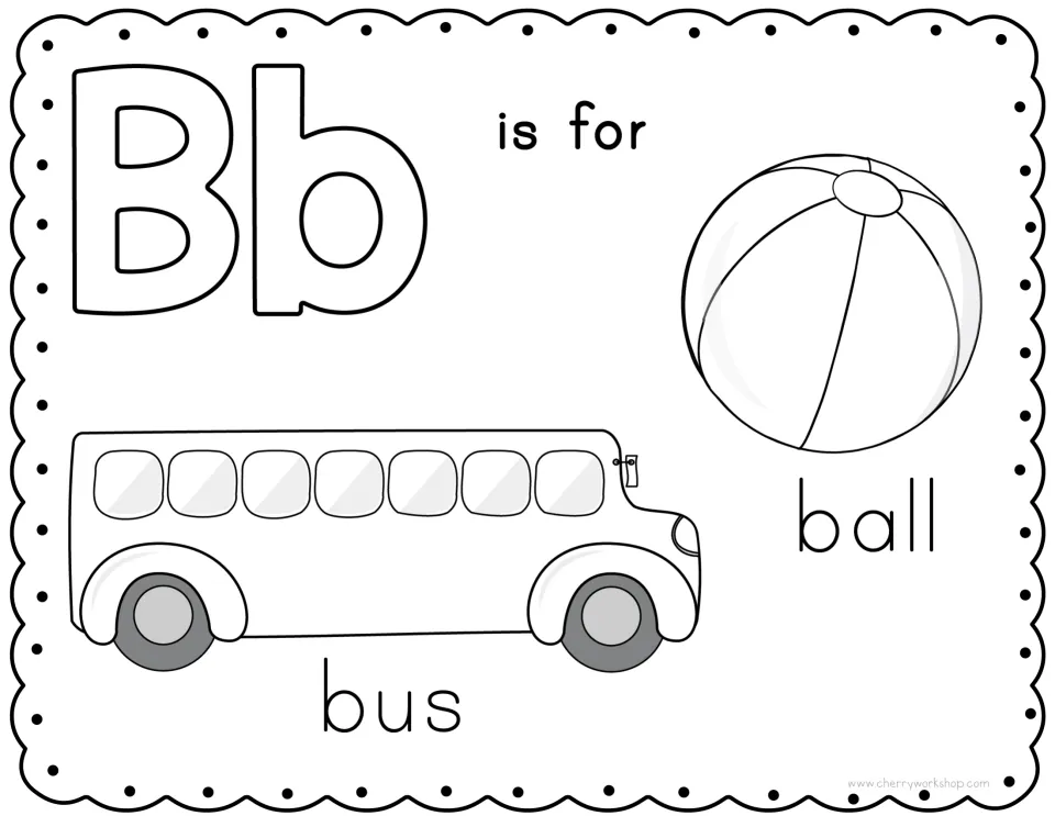Letter B coloring page: students color bubble letters Bb, a school bus and a beach ball to link b to its beginning sound