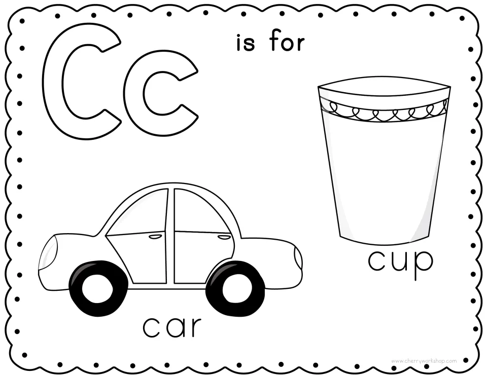 Letter C coloring page: students color outlined Cc letters, a car and a cup, connecting the hard c sound to each word