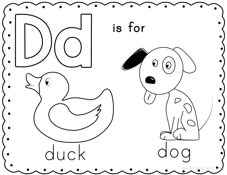 Letter D coloring page: students color Dd bubble letters, a duck and a spotted dog labeled with their words beginning in d
