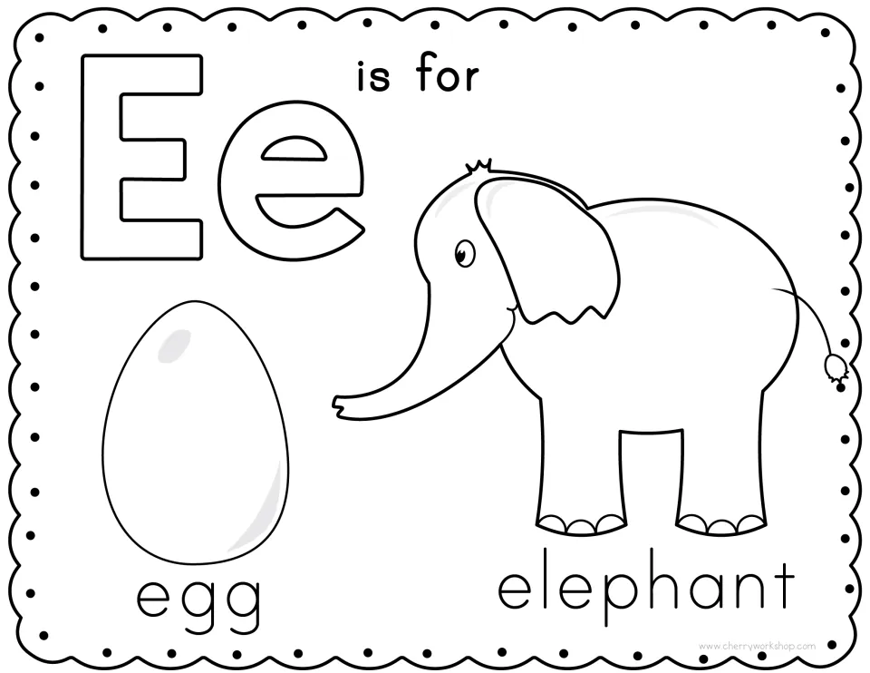 Letter E coloring page: students color Ee letters, an egg and an elephant to practise the short e beginning sound