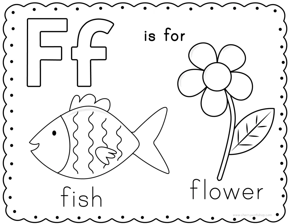 Letter F coloring page: students color outlined Ff letters, a fish and a flower, matching the f sound to two pictures
