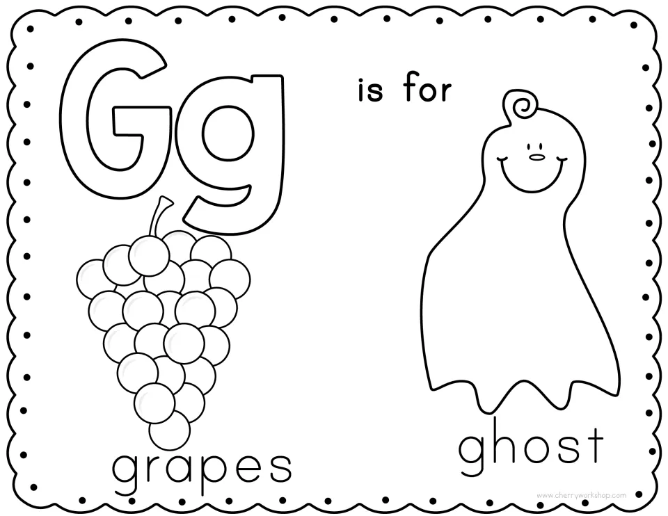 Letter G coloring page: students color Gg letters, a bunch of grapes and a smiling ghost to practise the hard g sound