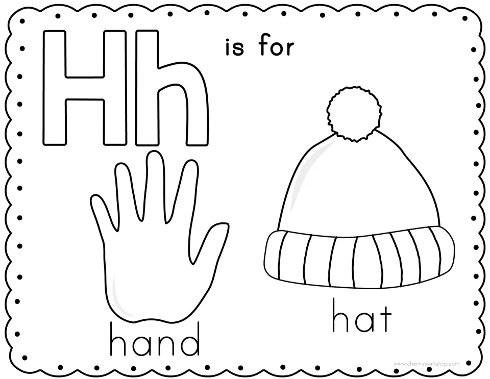 Letter H coloring page: students color Hh bubble letters, a hand and a pom-pom hat labeled with words that start with h