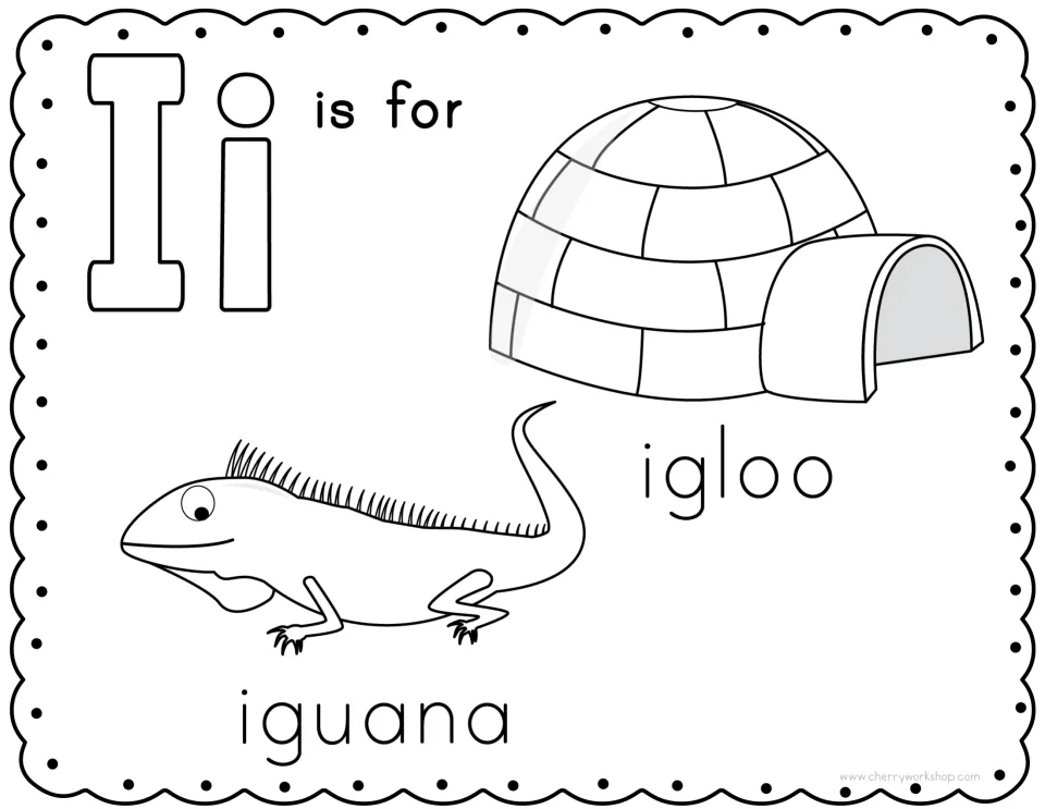 Letter I coloring page: students color Ii letters, an igloo and an iguana to practise the short i beginning sound