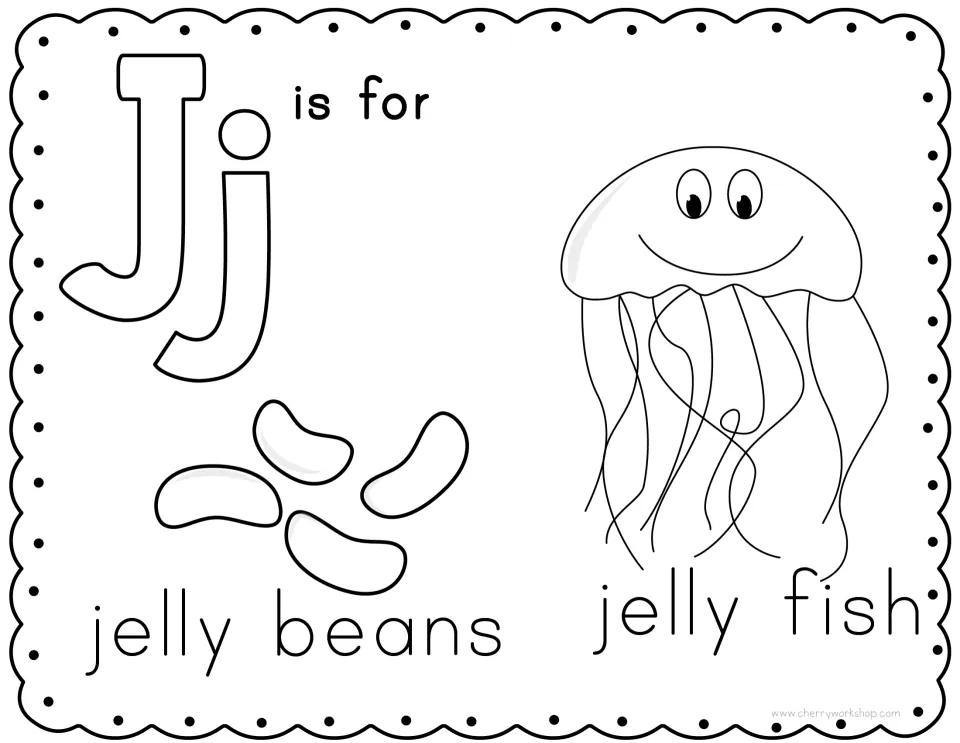 Letter J coloring page: students color Jj letters, jelly beans and a jelly fish to practise the j beginning sound