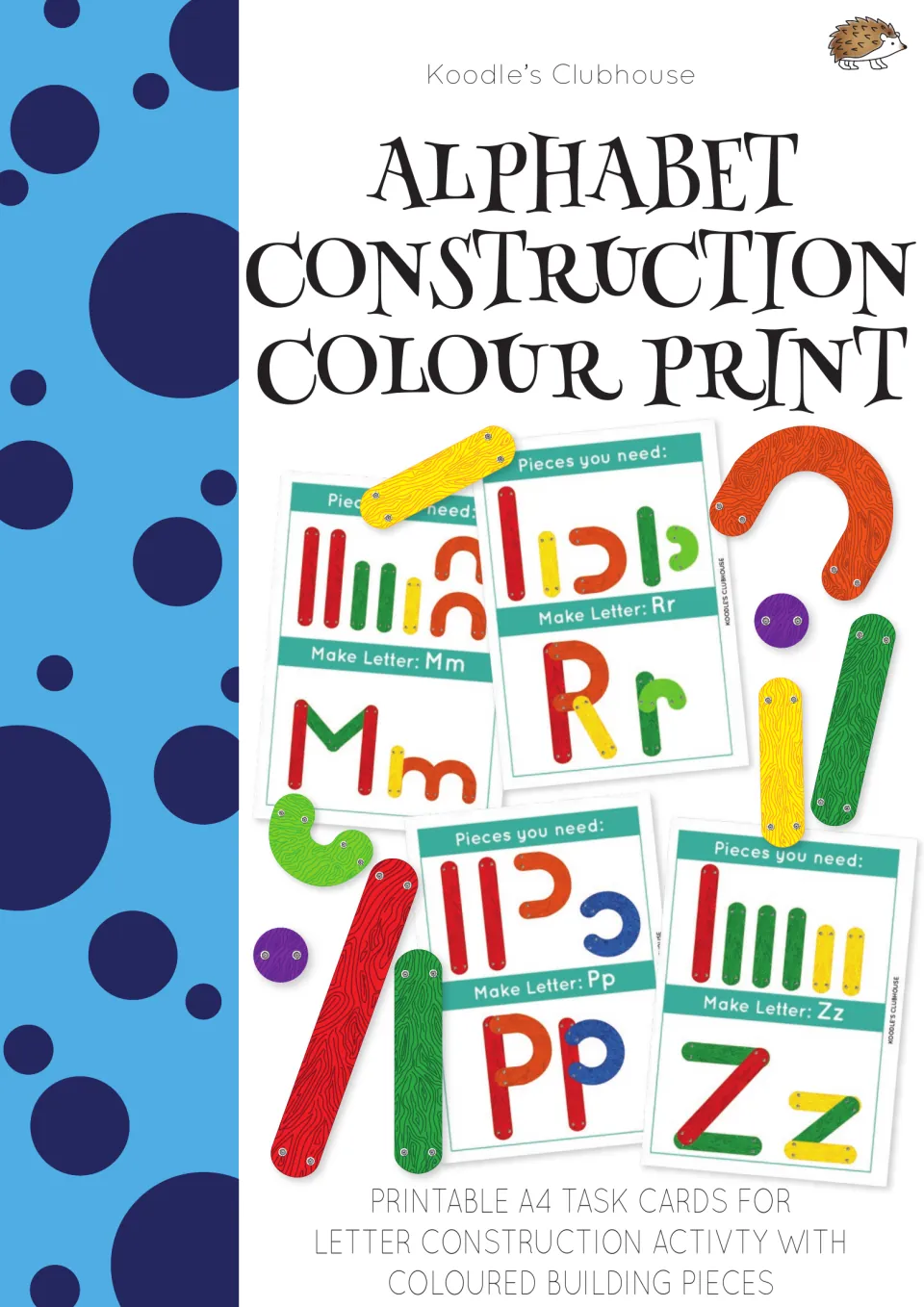 Alphabet Construction Colour Print cover: A4 task cards for Mm, Rr, Pp and Zz built from colored wood-look pieces