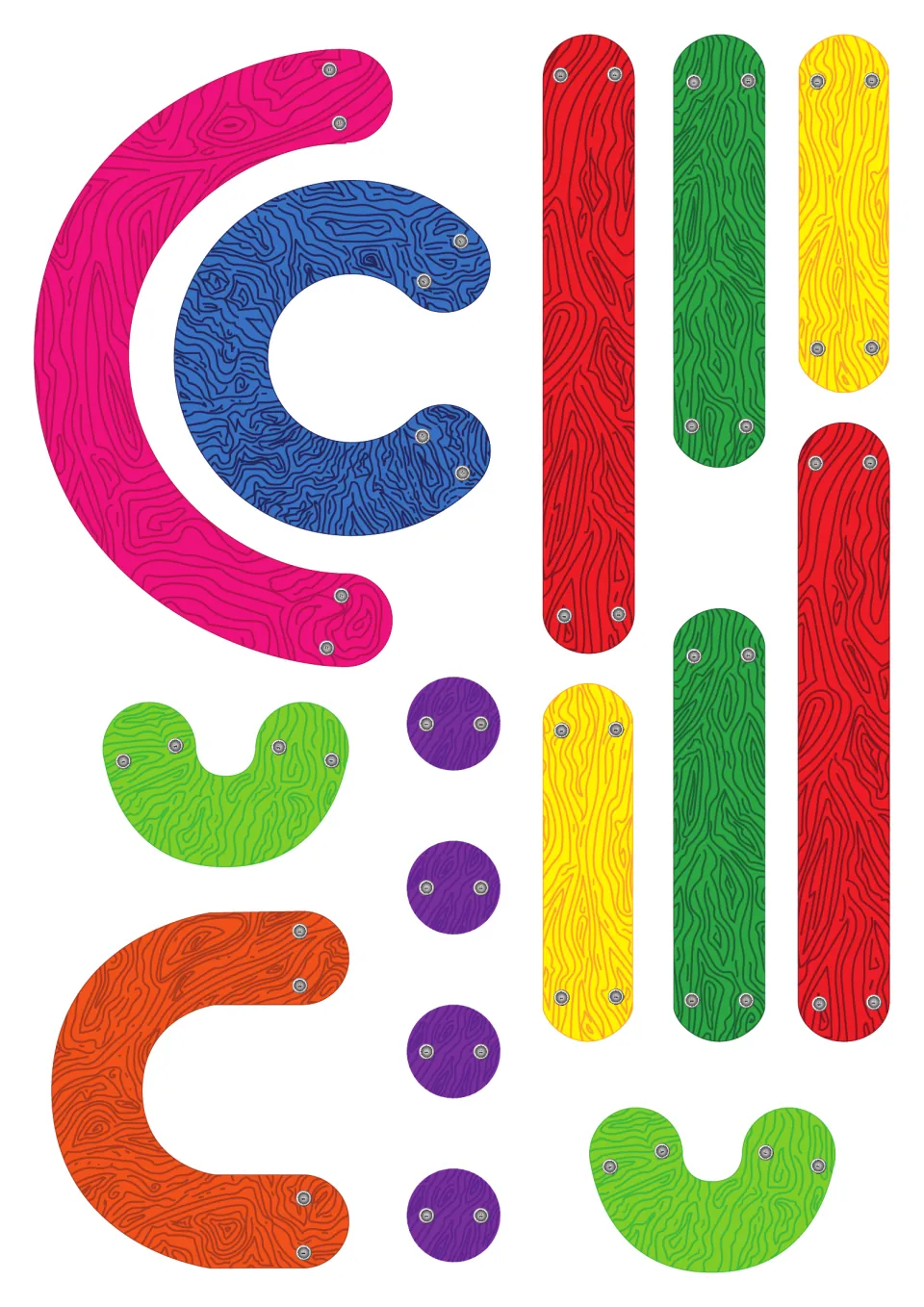 Second set of letter-building pieces to cut out: curved arcs, U shapes, four purple circles and long and short colored bars