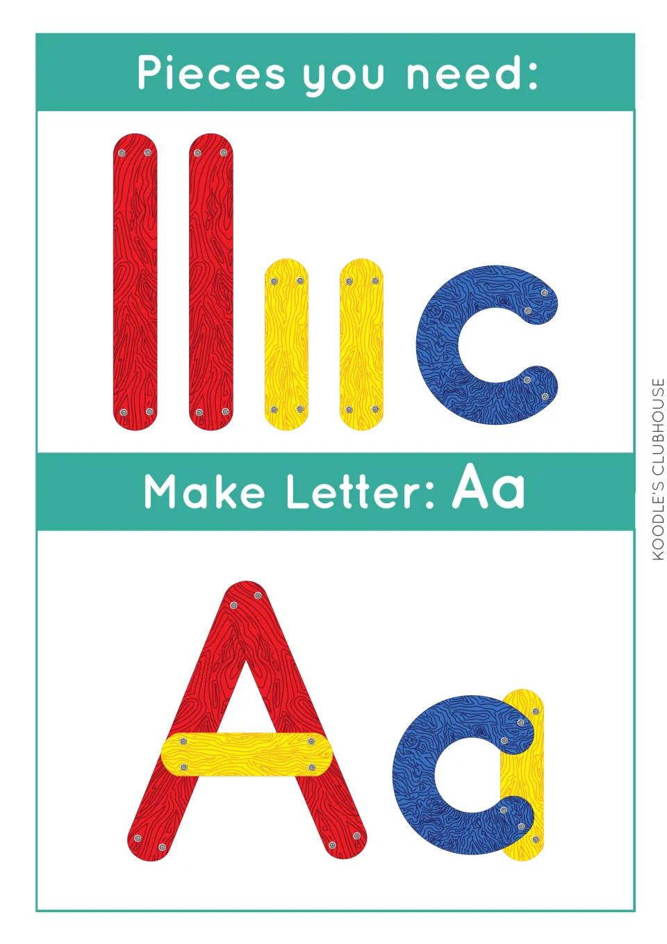 Make Letter Aa task card: students use two red sticks, two yellow sticks and a blue curve to build capital A and lowercase a