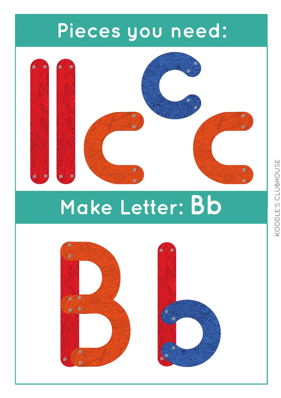 Make Letter Bb task card: students join two red sticks, two orange curves and a blue curve to form capital B and lowercase b