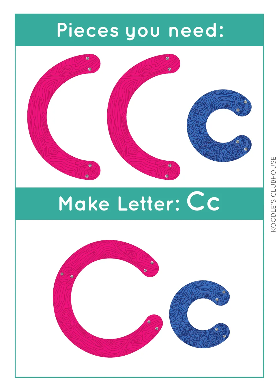 Make Letter Cc task card: students place a large pink curve and a small blue curve to form capital C and lowercase c