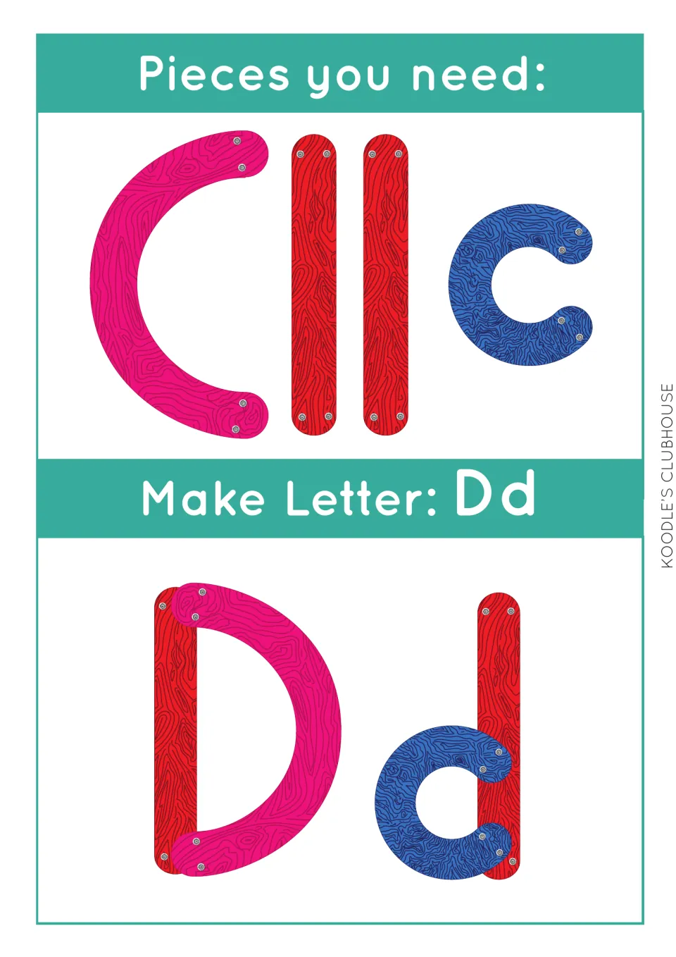 Make Letter Dd task card: students pair a pink arc with red sticks and a blue curve to build capital D and lowercase d