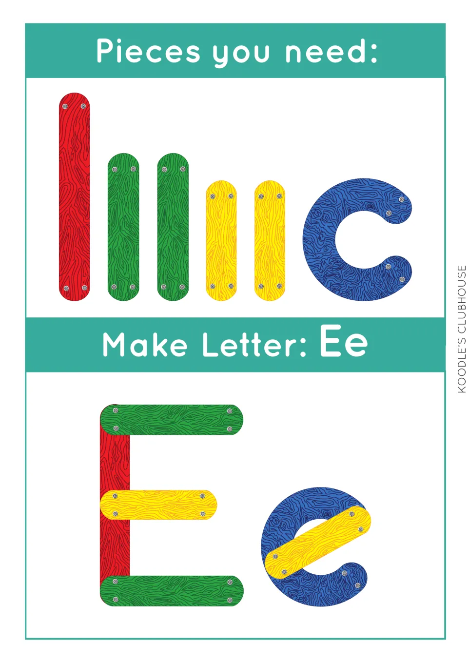 Make Letter Ee task card: students use red, green and yellow sticks and a blue curve to build capital E and lowercase e