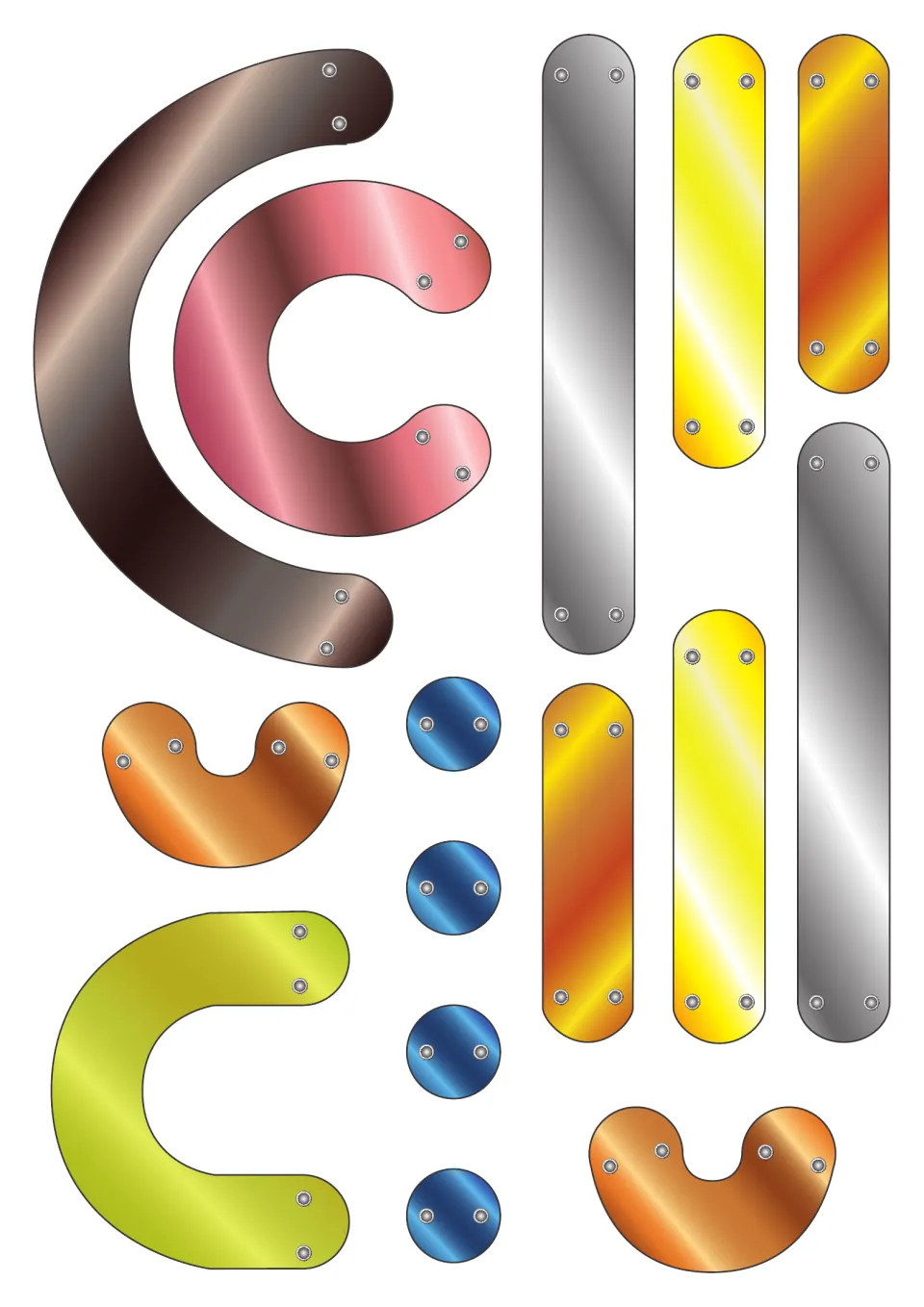 Third identical sheet of metallic cut-out shapes: curved arcs, long and short bars and four blue dots for letter building