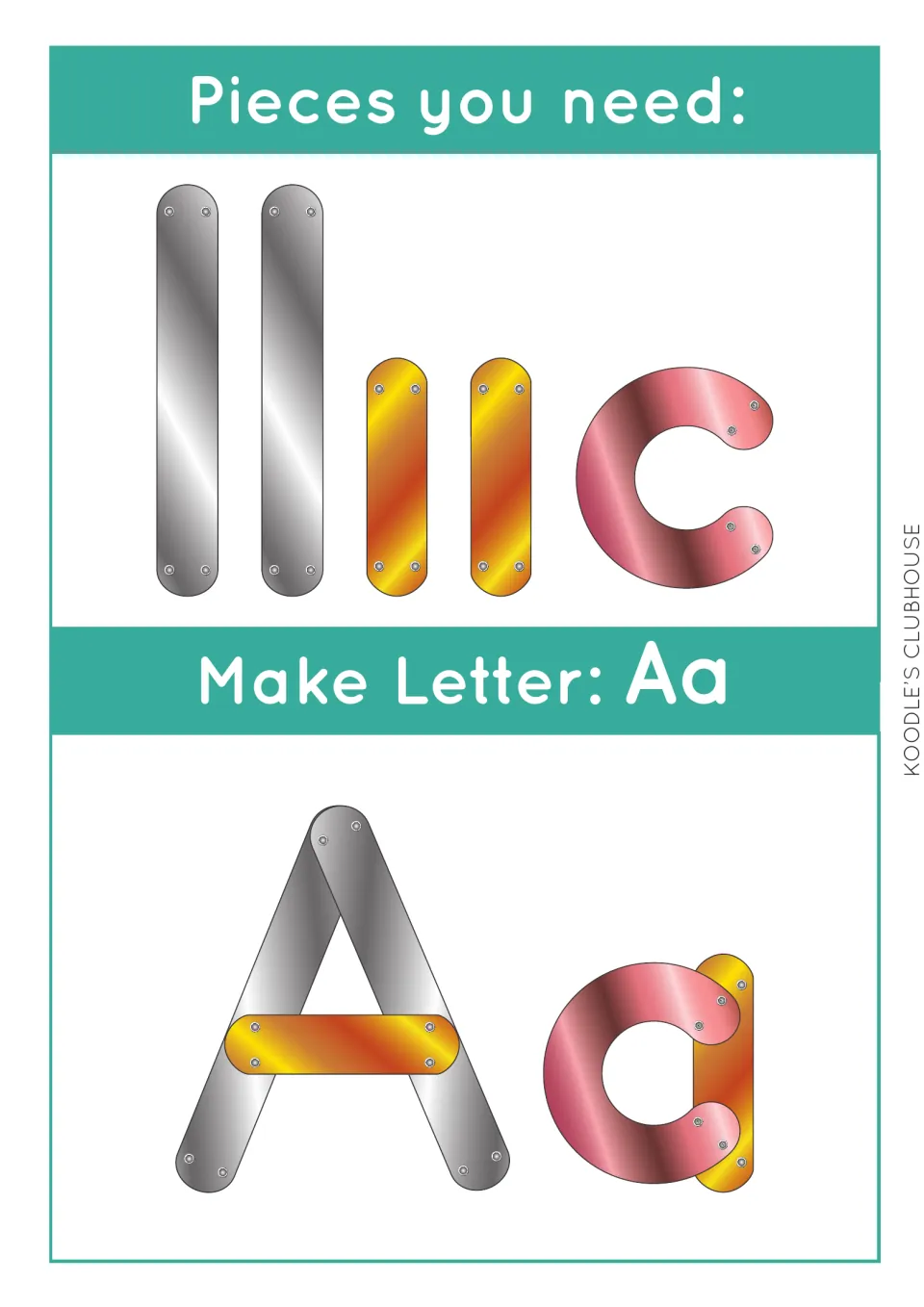 Letter Aa task card: students match two silver bars, two gold bars and a pink curve, then build uppercase A and lowercase a
