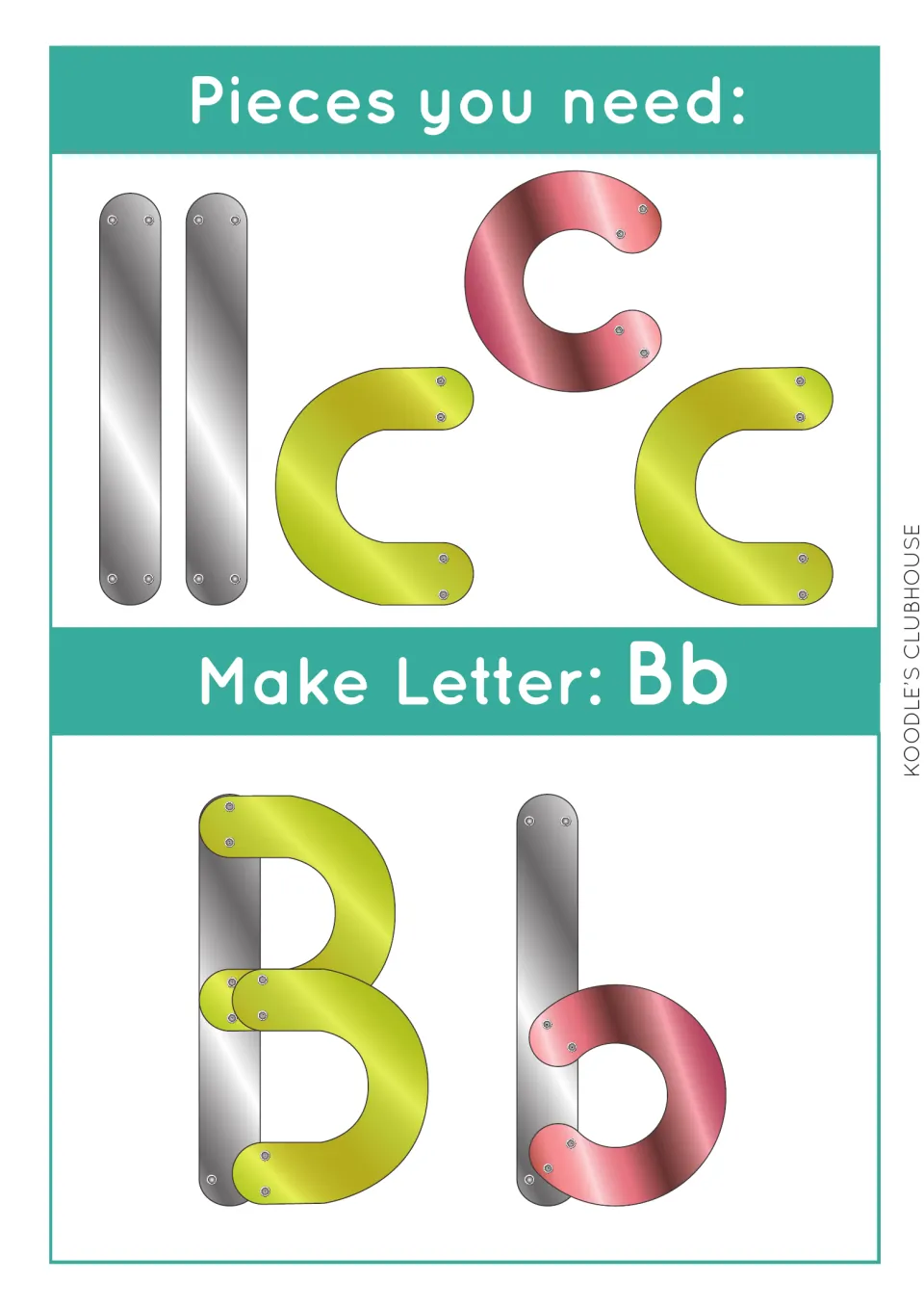 Letter Bb task card: two silver bars, two green arcs and a pink curve are joined to form uppercase B and lowercase b
