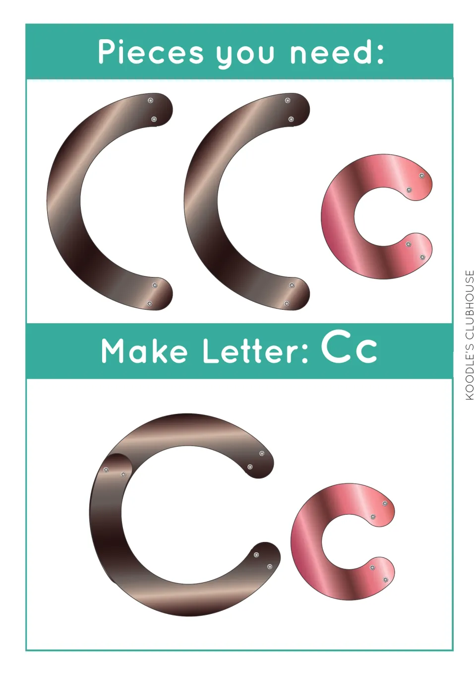 Letter Cc task card: two brown curves and a pink curve are listed, then fitted together to form uppercase C and lowercase c