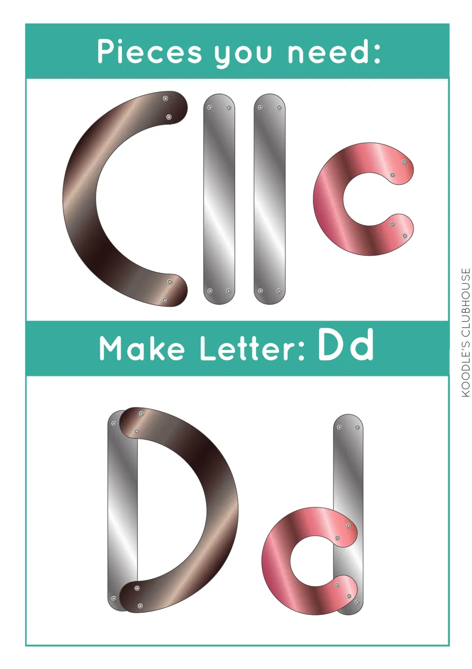 Letter Dd task card: a brown curve, two silver bars and a pink curve are combined to build uppercase D and lowercase d