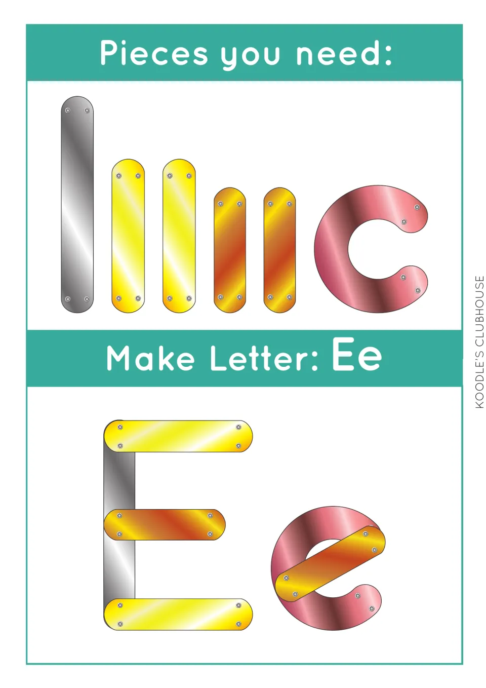 Letter Ee task card: one silver bar, four gold and orange bars and a pink curve build uppercase E and lowercase e