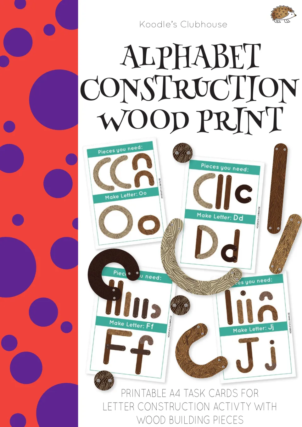 Alphabet Construction Wood Print cover: A4 task cards for building letters such as Oo, Dd, Ff and Jj from wood pieces