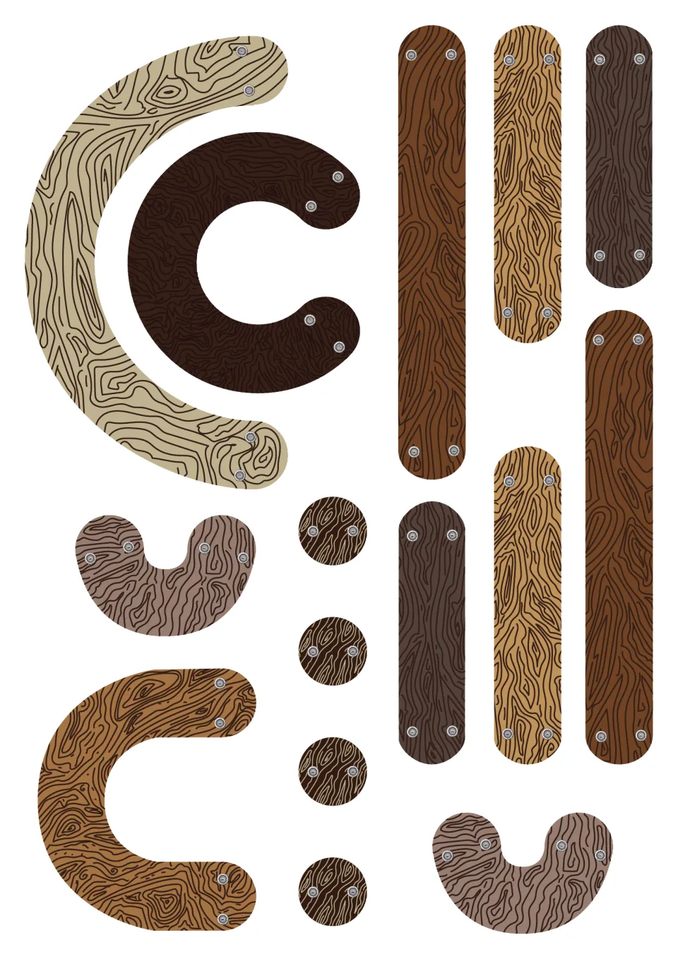 Second sheet of wood-grain cut-out shapes: matching straight sticks, arcs, U-curves and dots for building letters