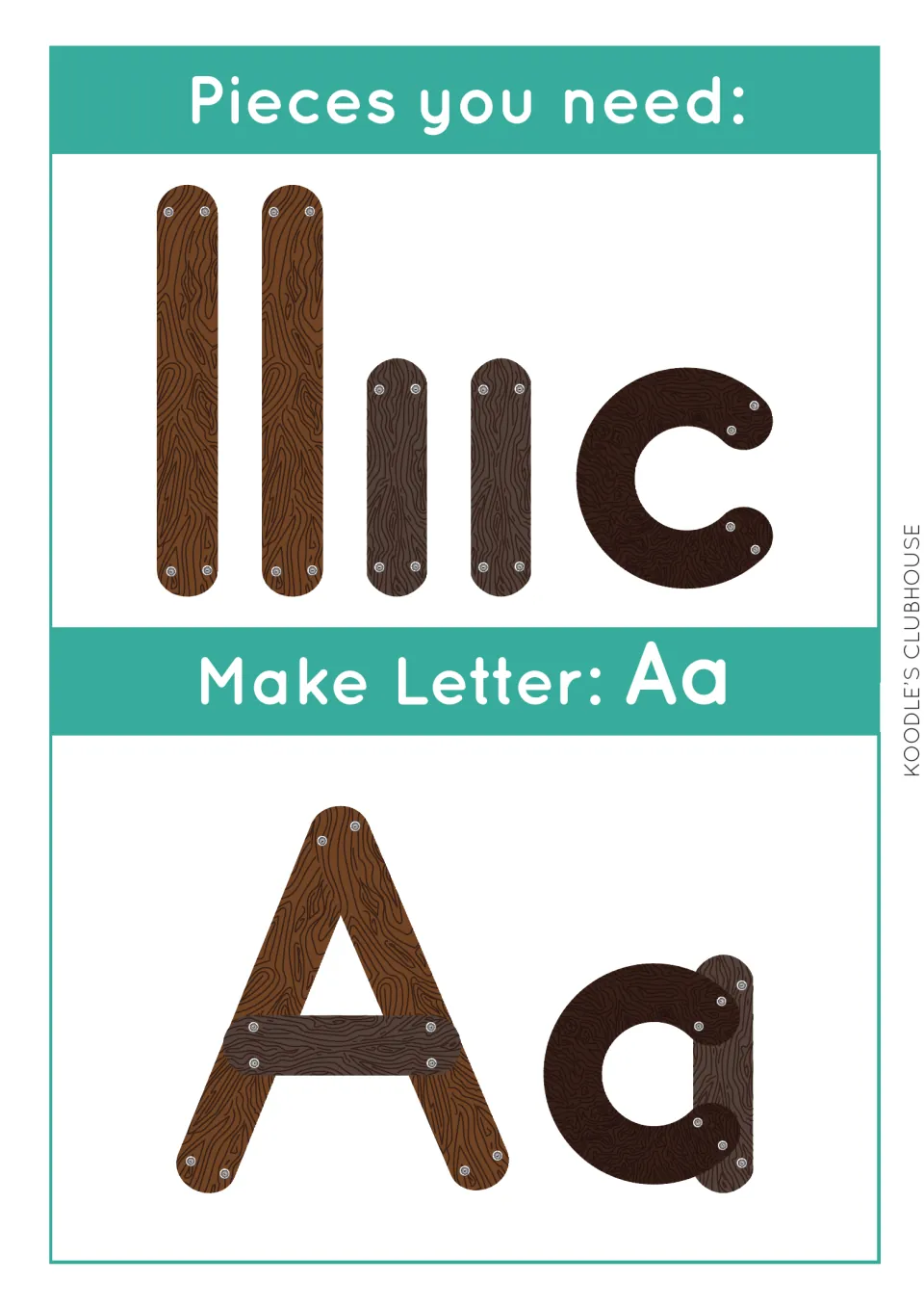 Make Letter Aa task card: students use two long bars, two short bars and a small curve to build capital A and lowercase a