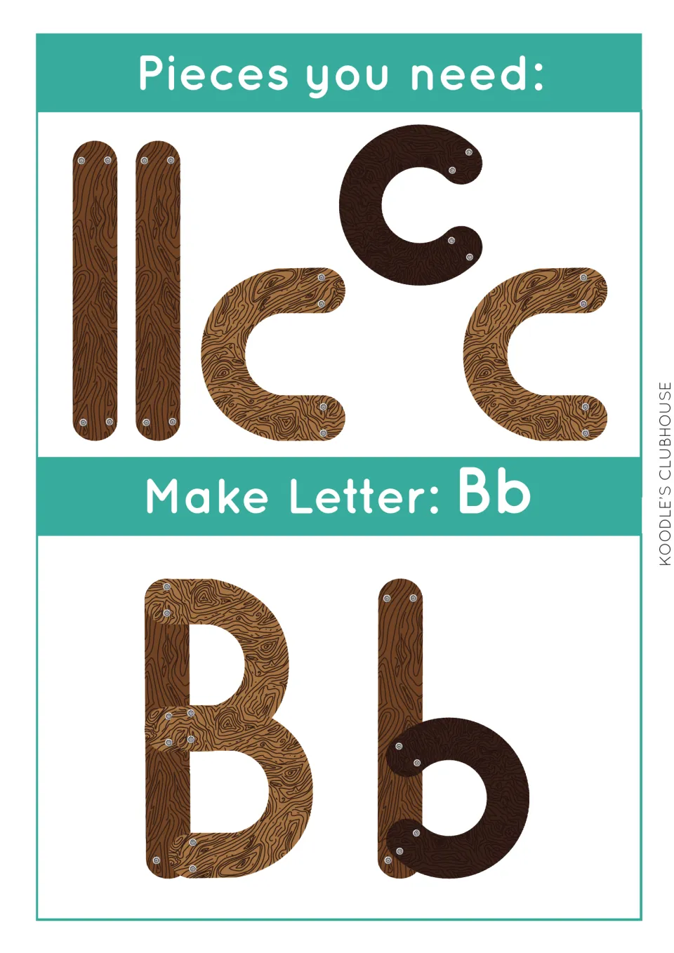 Make Letter Bb task card: two long bars and three curves shown as pieces, then assembled into uppercase B and lowercase b