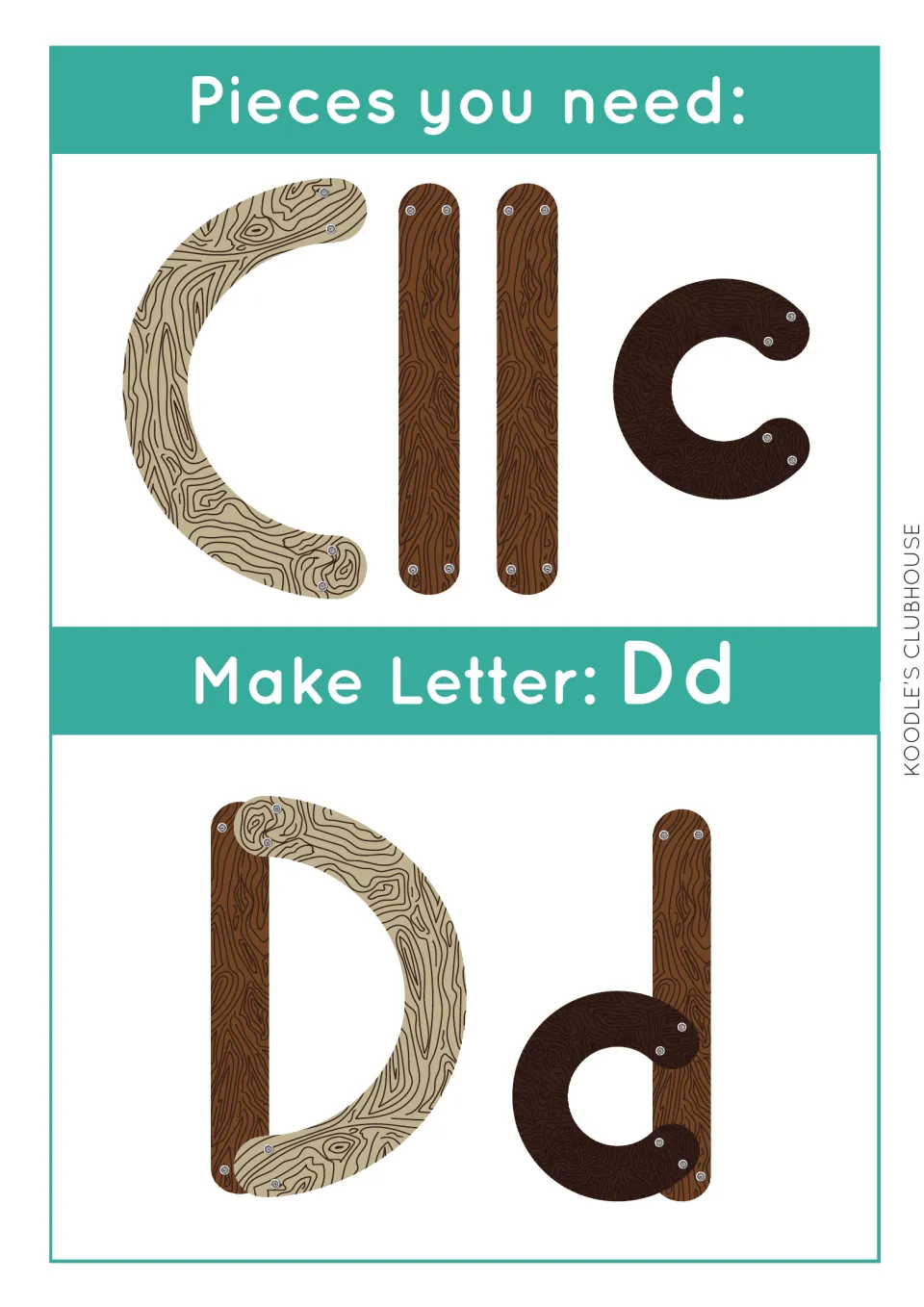 Make Letter Dd task card: a large arc, two long bars and a small curve are joined to form uppercase D and lowercase d
