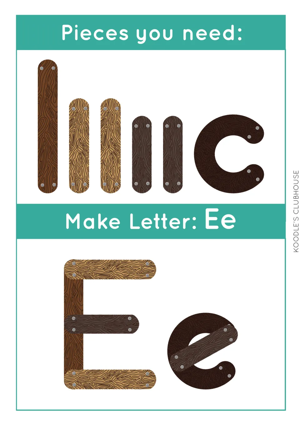 Make Letter Ee task card: one long bar, four short bars and a small curve build a capital E and a lowercase e