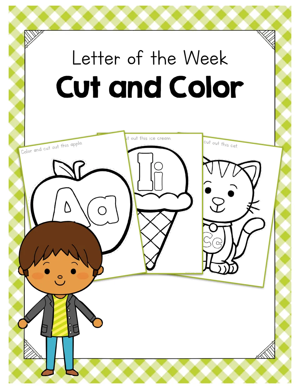 Letter of the Week Cut and Color cover showing sample apple Aa, ice cream Ii and cat Cc coloring pages beside a boy
