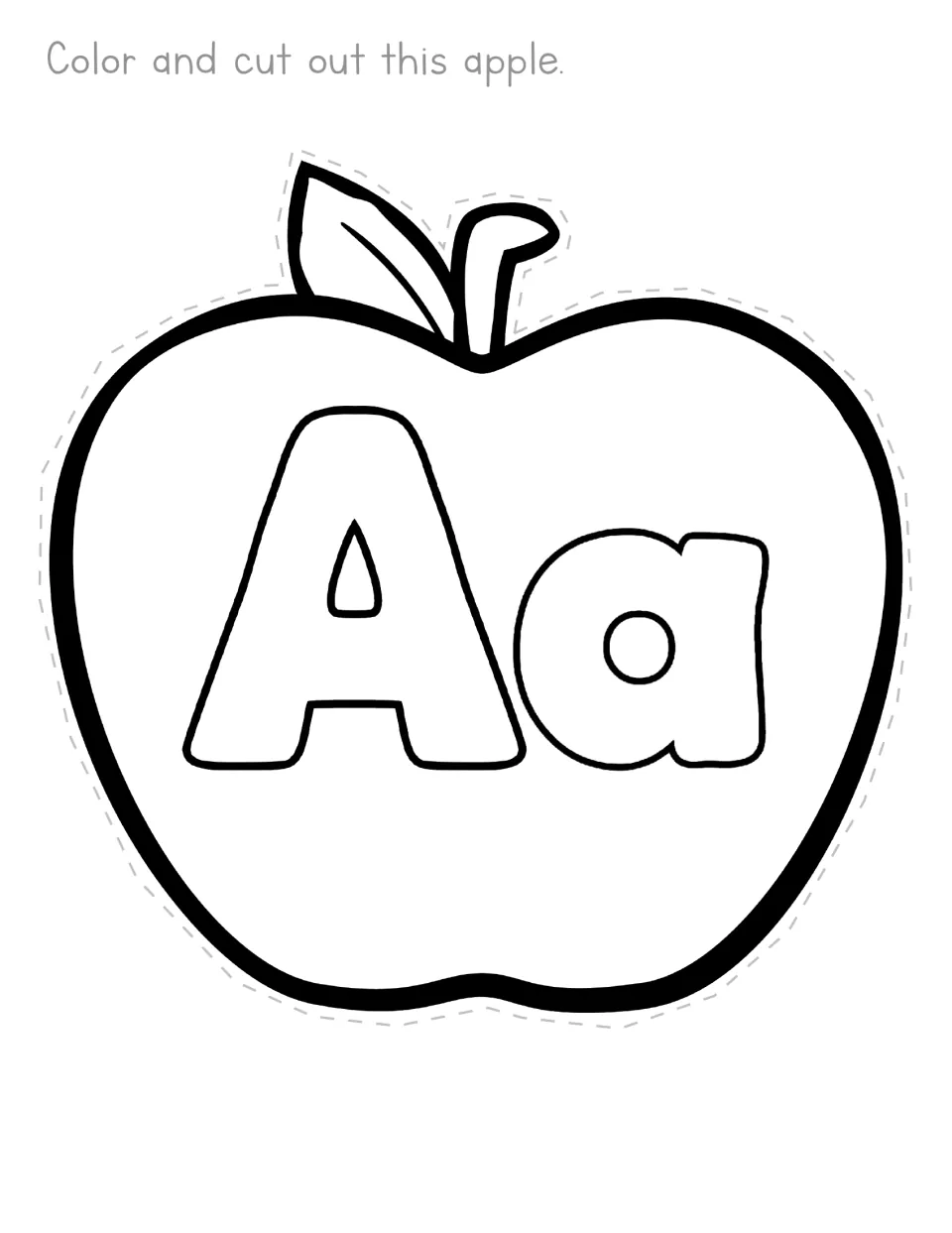 Letter A apple: students color the bubble letters Aa inside a large apple, then cut out the whole fruit shape